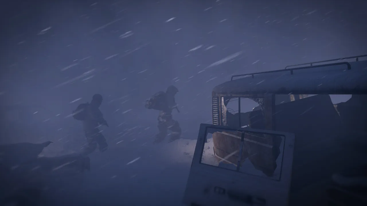 Two survivors pushing through a blizzard past an abandoned vehicle