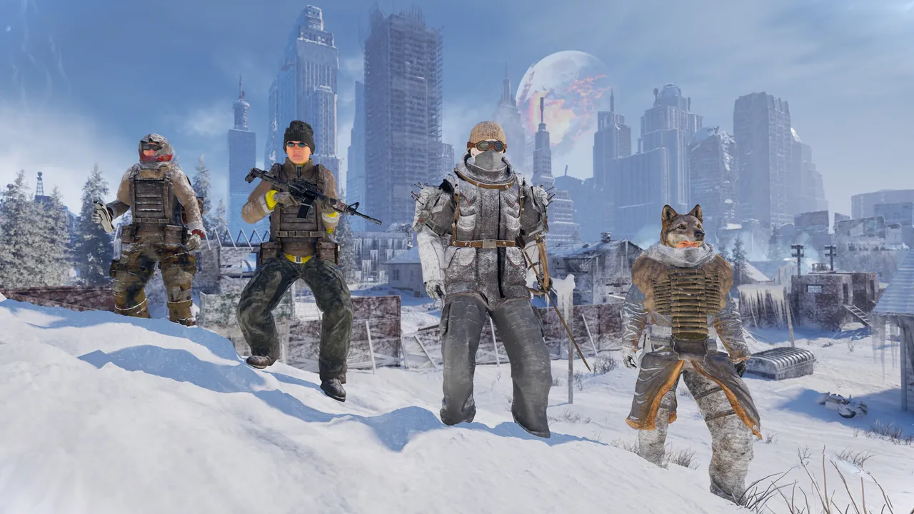 Four survivors in winter gear standing in front of a frozen city skyline