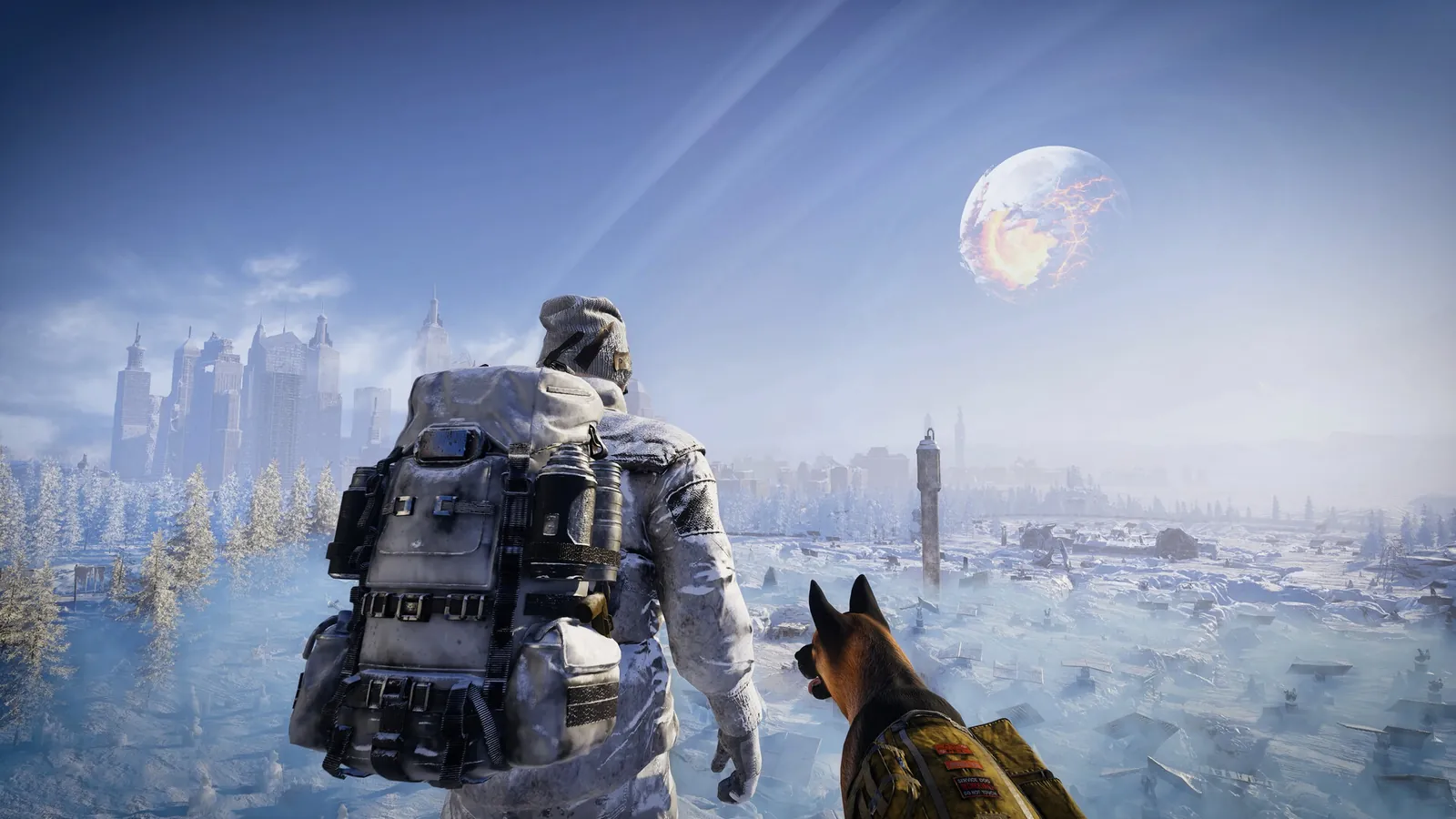 A survivor and a German Shepherd companion overlooking a frozen city under a shattered moon in Permafrost